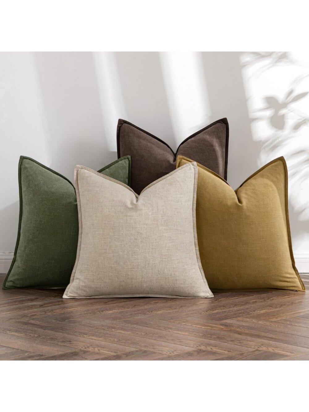 Boho Neutral Green/Brown Linen Pillow Covers 18x18 Inch Set of 4 - Cozy Decor